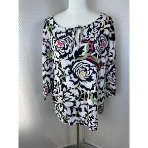 Hot Cotton White/Black Flower Linen Blouse Top XL Lagonlook Yellow Pink Green